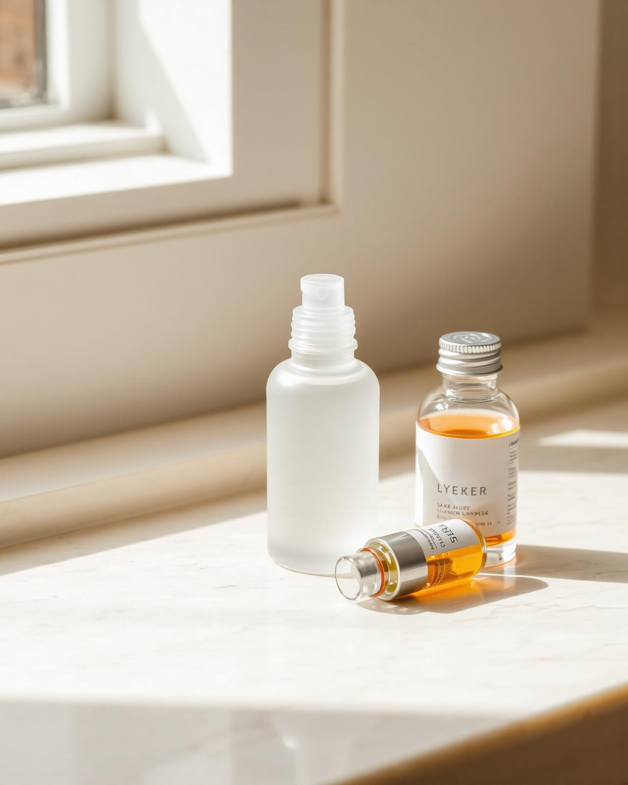 Skincare and wellness bottles on marble